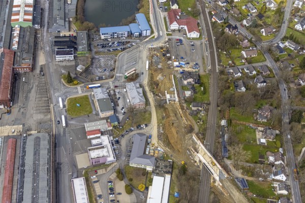 Aerial view, construction site and replacement construction of the DB bridge and new road construction B517, Eichen district, Kreuztal, Sauerland, North Rhine-Westphalia, Germany, construction work, construction site, building site, building plots, construction project, construction site, bridge, DE, Europe, Hagener Straße, Siegen-Wittgenstein district, aerial photograph, aerial photography, aerial photography, new construction, overview, bird's-eye view, overview, thyssenkrupp Stahlkontor Zweigniederlassung der thyssenkrupp Schulte GmbH