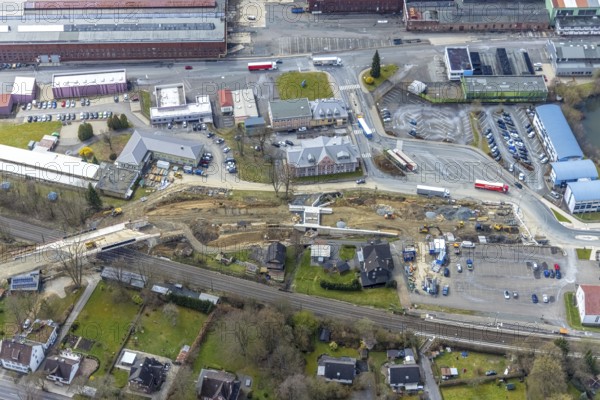 Aerial view, construction site and replacement construction of the DB bridge and new road construction B517, Eichen district, Kreuztal, Sauerland, North Rhine-Westphalia, Germany, construction work, construction site, building site, building plots, construction project, construction site, bridge, DE, Europe, Hagener Straße, Siegen-Wittgenstein district, aerial photograph, aerial photography, aerial photography, new construction, overview, bird's-eye view, overview, thyssenkrupp Stahlkontor Zweigniederlassung der thyssenkrupp Schulte GmbH
