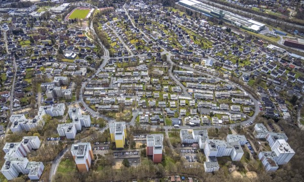 Aerial view, residential area with high-rise buildings on Eggersten Ring, Kreuztal, Sauerland, North Rhine-Westphalia, Germany, DE, Europe, property tax, high-rise housing estate, high-rise buildings, real estate, Siegen-Wittgenstein district, aerial view, aerial photography, aerial photography, apartment buildings, overview, bird's-eye view, residential area, residential buildings, residential quality, residential neighbourhood, housing estate, birds-eyes view, overview