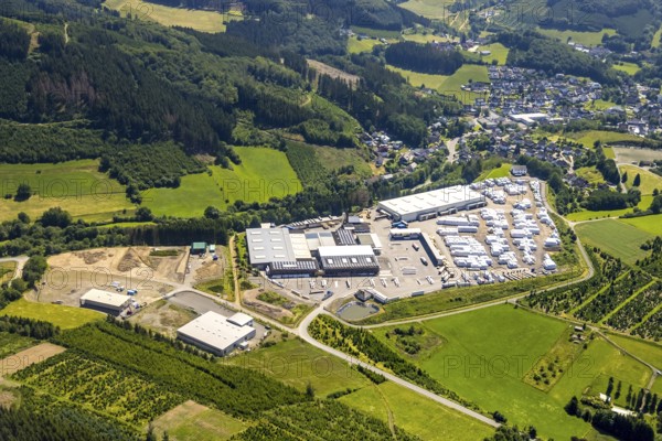 Aerial view, Josef Schmelter GmbH Sägewerk, district Oedingen, Schöndelt, Lennestadt, Sauerland, North Rhine-Westphalia, Germany, DEU, Europe, commercial enterprises, commercial area, commercial park, commercial location, commercial use, industrial area, industrial building, industrial location, aerial photograph, aerial photography, aerial photography, overview, bird's-eye view, bird's-eye view, overview
