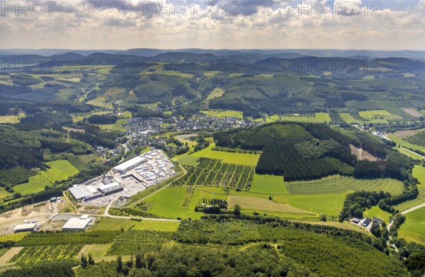 Aerial view, Josef Schmelter GmbH Sägewerk, Schöndelt, Lennestadt, Sauerland, North Rhine-Westphalia, Germany, DEU, Europe, distant view, commercial enterprises, commercial area, commercial park, commercial location, commercial use, hilly landscape, industrial area, industrial building, industrial location, aerial view, aerial photography, aerial photography, overview, bird's-eye view, forest area, birds-eyes view, overview