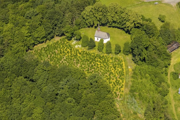 Aerial view, Oedingerberg Chapel, Lennestadt, Sauerland, North Rhine-Westphalia, Germany, place of worship, DEU, Europe, sacred site, chapel, aerial view, aerial photography, aerial photography, religious site, overview, bird's-eye view, overview