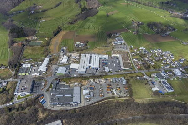 Aerial view, commercial area Heidfeld an der Hagener Straße, Krombach, Kreuztal, Sauerland, North Rhine-Westphalia, Germany, DE, Europe, commercial enterprises, commercial area, commercial area, commercial location, commercial use, industrial area, industrial location, district Siegen-Wittgenstein, aerial view, aerial photography, aerial photography, overview, bird's-eye view, overview