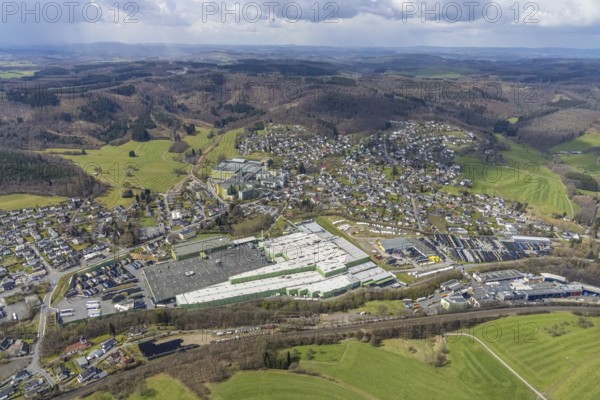 Aerial view, aerial view of Krombach with Krombacher Brauerei Bernhard Schadeberg GmbH, Krombach, Kreuztal, Sauerland, North Rhine-Westphalia, Germany, brewery, DE, Europe, distant view, commercial enterprises, commercial area, commercial area, commercial location, commercial use, hilly landscape, industrial area, industrial location, Siegen-Wittgenstein district, aerial view, aerial photography, aerial photography, overview, bird's eye view, birds-eyes view, overview