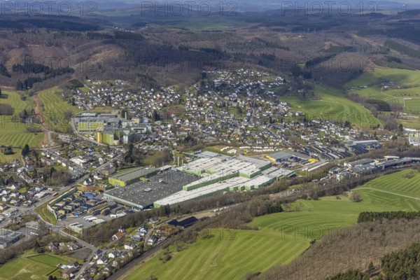 Aerial view, aerial view of Krombach with Krombacher Brauerei Bernhard Schadeberg GmbH, Krombach, Kreuztal, Sauerland, North Rhine-Westphalia, Germany, brewery, DE, Europe, distant view, commercial enterprises, commercial area, commercial area, commercial location, commercial use, hilly landscape, industrial area, industrial location, Siegen-Wittgenstein district, aerial view, aerial photography, aerial photography, overview, bird's eye view, birds-eyes view, overview