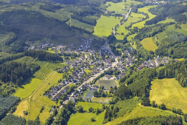 Aerial view, local view Oberelspe with sports field and fish ponds, Lennestadt, Sauerland, North Rhine-Westphalia, Germany, mountains and valleys, DEU, Europe, football pitch, aerial view, aerial photography, aerial photography, sports, sports facilities, sports field, sports facility, overview, bird's eye view, forest, forest area, birds-eyes view, overview