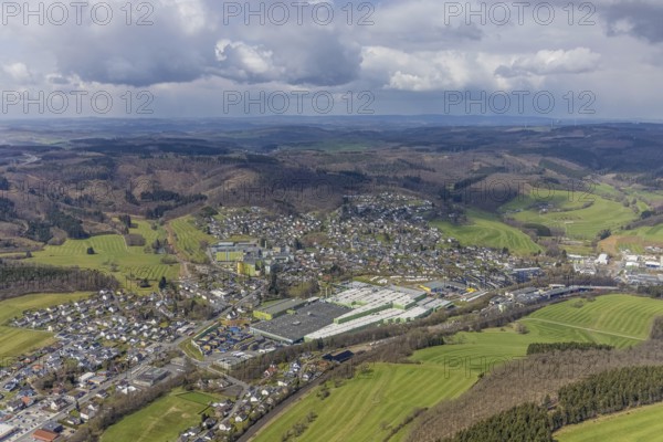 Aerial view, aerial view of Krombach with Krombacher Brauerei Bernhard Schadeberg GmbH, Krombach, Kreuztal, Sauerland, North Rhine-Westphalia, Germany, brewery, DE, Europe, distant view, commercial enterprises, commercial area, commercial area, commercial location, commercial use, hilly landscape, industrial area, industrial location, Siegen-Wittgenstein district, aerial view, aerial photography, aerial photography, overview, bird's eye view, birds-eyes view, overview
