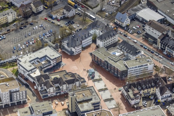 Aerial view, market place Kreuztal with town hall and shopping centre, Kreuztal, Sauerland, North Rhine-Westphalia, Germany, authority, city, DE, shopping centre, Europe, city centre, district Siegen-Wittgenstein, aerial view, aerial photography, aerial photography, market place, local supply centre, town hall, shopping centre, city library Kreuztal, city administration, city centre, overview, bird's-eye view, overview