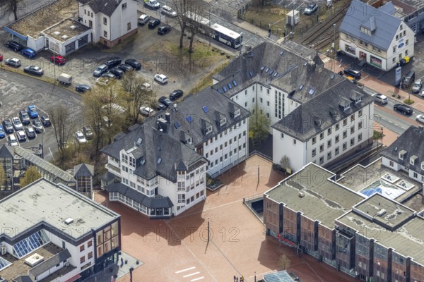 Aerial view, market place Kreuztal with town hall, Kreuztal, Sauerland, North Rhine-Westphalia, Germany, authority, city, DE, Europe, city centre, district Siegen-Wittgenstein, aerial view, aerial photography, aerial photography, market place, town hall, city library Kreuztal, city administration, city centre, overview, bird's eye view, birds-eyes view, overview