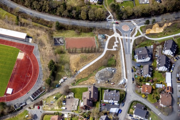 Aerial view, roundabout and construction site Hessengarten corner Zum Erbstollen, new construction footpath and cycle path, Kreuztal, Sauerland, North Rhine-Westphalia, Germany, construction work, construction area, building site, building plots, construction project, construction site, DE, Europe, Siegen-Wittgenstein district, aerial view, aerial photography, aerial photography, overview, bird's-eye view, bird's-eye view, overview