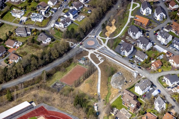 Aerial view, roundabout and construction site Hessengarten corner Zum Erbstollen, new construction footpath and cycle path, Kreuztal, Sauerland, North Rhine-Westphalia, Germany, construction work, construction area, building site, building plots, construction project, construction site, DE, Europe, Siegen-Wittgenstein district, aerial view, aerial photography, aerial photography, overview, bird's-eye view, bird's-eye view, overview