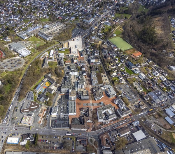 Aerial view, market place Kreuztal with town hall and shopping centre, primary school at Dreslers Park, Kreuztal, Sauerland, North Rhine-Westphalia, Germany, authority, education, educational institution, city, DE, shopping centre, Europe, primary school, city centre, district Siegen-Wittgenstein, educational institute, aerial view, aerial photography, market place, local supply centre, town hall, school, shopping centre, municipal library Kreuztal, city administration, city centre, overview, bird's eye view, bird's eye view, overview