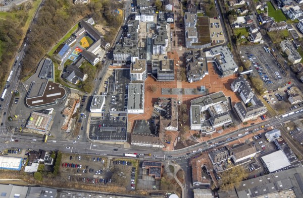 Aerial view, market place Kreuztal with town hall and shopping centre, primary school at Dreslers Park, Kreuztal, Sauerland, North Rhine-Westphalia, Germany, authority, education, educational institution, city, DE, shopping centre, Europe, primary school, city centre, district Siegen-Wittgenstein, educational institute, aerial view, aerial photography, market place, local supply centre, town hall, school, shopping centre, municipal library Kreuztal, city administration, city centre, overview, bird's eye view, bird's eye view, overview