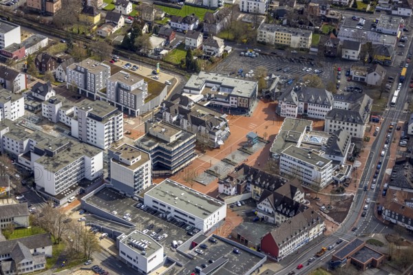 Aerial view, market place Kreuztal with town hall and shopping centre, Kreuztal, Sauerland, North Rhine-Westphalia, Germany, authority, city, DE, shopping centre, Europe, city centre, district Siegen-Wittgenstein, aerial view, aerial photography, aerial photography, market place, local supply centre, town hall, shopping centre, city library Kreuztal, city administration, city centre, overview, bird's-eye view, overview
