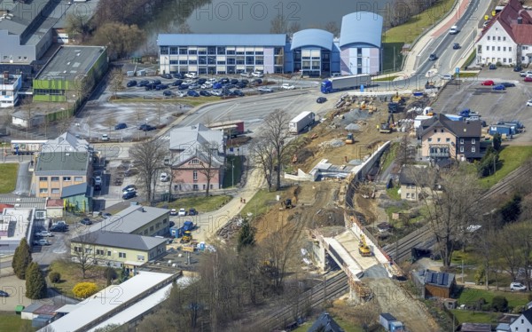 Aerial view, construction site and replacement construction of the DB bridge and new road construction B517, Eichen district, Kreuztal, Sauerland, North Rhine-Westphalia, Germany, construction work, construction site, building site, building plots, construction project, construction site, bridge, DE, Europe, Hagener Straße, Siegen-Wittgenstein district, aerial photograph, aerial photography, aerial photography, new construction, overview, bird's-eye view, overview, thyssenkrupp Stahlkontor Zweigniederlassung der thyssenkrupp Schulte GmbH