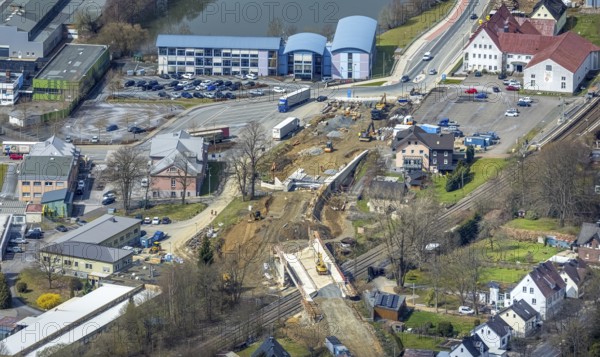 Aerial view, construction site and replacement construction of the DB bridge and new road construction B517, Eichen district, Kreuztal, Sauerland, North Rhine-Westphalia, Germany, construction work, construction site, building site, building plots, construction project, construction site, bridge, DE, Europe, Hagener Straße, Siegen-Wittgenstein district, aerial photograph, aerial photography, aerial photography, new construction, overview, bird's-eye view, overview, thyssenkrupp Stahlkontor Zweigniederlassung der thyssenkrupp Schulte GmbH