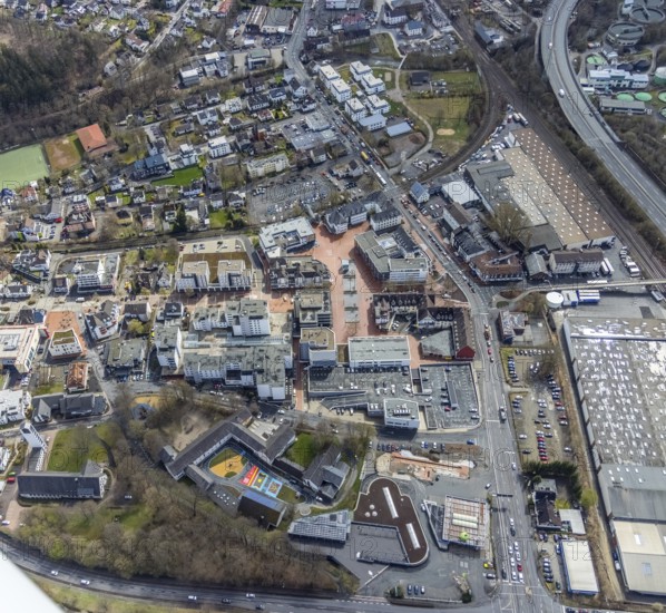 Aerial view, market place Kreuztal with town hall and shopping centre, primary school at Dreslers Park, Kreuztal, Sauerland, North Rhine-Westphalia, Germany, authority, education, educational institution, city, DE, shopping centre, Europe, primary school, city centre, district Siegen-Wittgenstein, educational institute, aerial view, aerial photography, market place, local supply centre, town hall, school, shopping centre, municipal library Kreuztal, city administration, city centre, overview, bird's eye view, bird's eye view, overview