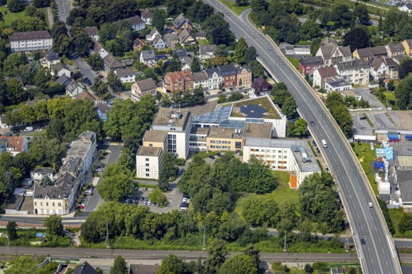 Aerial view, town hall Kamen city administration at the Hochstraße in Kamen, Ruhr area, North Rhine-Westphalia, Germany, authority, federal road B233, DE, Europe, Kamen, aerial view, aerial photography, aerial photography, photovoltaic, photovoltaic system, town hall, town hall square, solar, solar system, solar roof, solar energy, city of Kamen, overview, bird's-eye view, birds-eyes view, overview