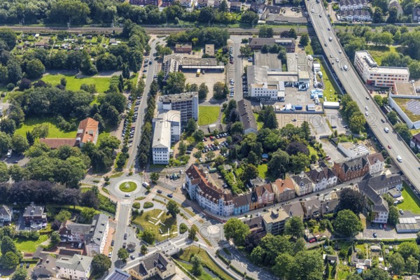 Aerial view, Poststraße with GSW Gemeinschaftsstadtwerke and Dr. Nüsken Chemie GmbH, Kamen, Ruhr area, North Rhine-Westphalia, Germany, DE, Europe, commercial enterprises, commercial area, commercial location, commercial use, industrial location, roundabout, roundabout, aerial view, aerial photography, aerial photography, overview, bird's-eye view, overview