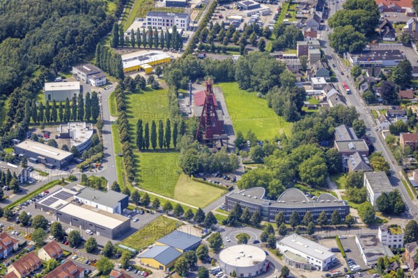 Aerial view, Start-up centre and Technopark Kamen on the former site of the Monopol Schacht Grillo colliery with winding tower Kamen, Kamen, Ruhr area, North Rhine-Westphalia, Germany, mining, DE, Europe, commercial enterprises, commercial area, commercial location, commercial use, industrial area, industrial location, aerial view, aerial photography, aerial photography, sight, coal mine, technology park, overview, bird's eye view, birds-eyes view, former mine, overview