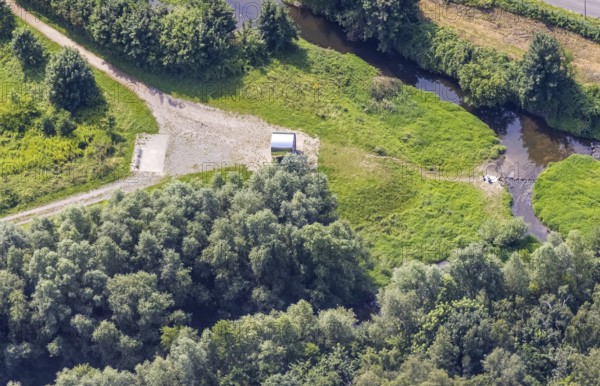 Aerial view, sight pixel tube at the river Seseke in Kamen, Ruhr area, North Rhine-Westphalia, Germany, DE, Europe, Kamen, art, aerial view, aerial photography, aerial photography, sight, Sesekeweg, sculpture, overview, bird's-eye view, overview