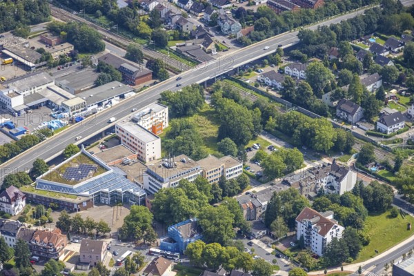 Aerial view, town hall Kamen city administration at the Hochstraße in Kamen, Ruhr area, North Rhine-Westphalia, Germany, authority, federal road B233, DE, Europe, Kamen, aerial view, aerial photography, aerial photography, photovoltaic, photovoltaic system, town hall, town hall square, solar, solar system, solar roof, solar energy, city of Kamen, overview, bird's-eye view, birds-eyes view, overview