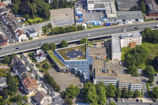 Aerial view, town hall Kamen city administration at the Hochstraße in Kamen, Ruhr area, North Rhine-Westphalia, Germany, authority, federal road B233, DE, Europe, Kamen, aerial view, aerial photography, aerial photography, photovoltaic, photovoltaic system, town hall, town hall square, solar, solar system, solar roof, solar energy, city of Kamen, overview, bird's-eye view, birds-eyes view, overview