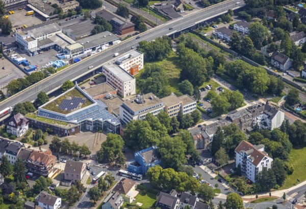 Aerial view, town hall Kamen city administration at the Hochstraße in Kamen, Ruhr area, North Rhine-Westphalia, Germany, authority, federal road B233, DE, Europe, Kamen, aerial view, aerial photography, aerial photography, photovoltaic, photovoltaic system, town hall, town hall square, solar, solar system, solar roof, solar energy, city of Kamen, overview, bird's-eye view, birds-eyes view, overview