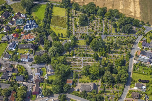 Aerial view, Methler Protestant Cemetery with rainbow bed in the Methler district, Kamen, Ruhr area, North Rhine-Westphalia, Germany, burial ground, flower field, DE, Europe, shapes and colours, cemetery, memorial site, Gottesacker, graves, burial ground, aerial photograph, aerial photography, aerial photography, rainbow field, resting place, overview, bird's-eye view, bird's-eye view, overview