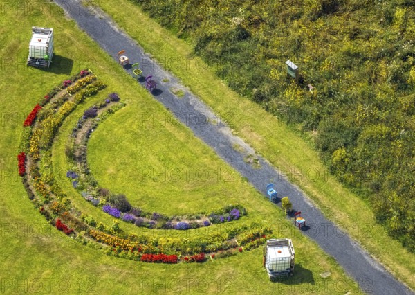 Aerial view, Methler Protestant Cemetery with rainbow bed in the Methler district, Kamen, Ruhr area, North Rhine-Westphalia, Germany, burial ground, flower field, DE, Europe, shapes and colours, cemetery, memorial site, Gottesacker, graves, burial ground, aerial photograph, aerial photography, aerial photography, rainbow field, resting place, overview, bird's-eye view, bird's-eye view, overview