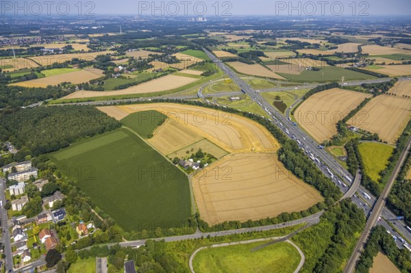 Aerial view, Kamen junction with A1 motorway and A2 motorway, Kamen, Ruhr area, North Rhine-Westphalia, Germany, motorway, Kamen junction, DE, Europe, shapes and colours, aerial view, aerial photography, aerial photography, road traffic, overview, traffic volume, bird's eye view, birds-eyes view, overview