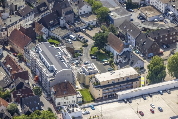 Aerial view, construction site, new condominium Villa Möcking in Kamen-Mitte, Kolonie Tannenberg, Kamen, Ruhr area, North Rhine-Westphalia, Germany, construction work, construction area, building site, building plots, construction project, construction site, DE, Europe, property tax, real estate, aerial photograph, aerial photography, aerial photography, overview, bird's eye view, residential complex, living and living, residential area, residential buildings, housing estate, birds-eyes view, overview