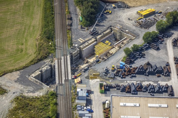 Aerial view, auxiliary bridges below the tracks next to Südkamener Straße in Südkamen, Kamen, Ruhr area, North Rhine-Westphalia, Germany, railway tracks, construction work, construction area, building site, building plots, construction project, construction site, bridge construction, DE, Europe, railway tracks, aerial view, aerial photography, aerial photography, overview, bird's-eye view, bird's-eye view, overview