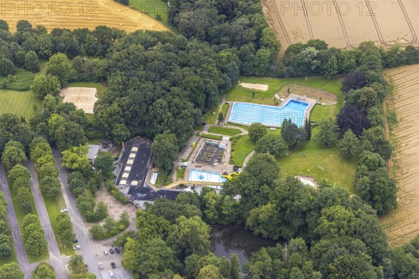 Aerial view, outdoor swimming pool Schöne Flöte, Holzwickede, Ruhr area, North Rhine-Westphalia, Germany, bathing establishment, bathing resort, DE, Europe, outdoor swimming pool, leisure activities, aerial view, aerial photography, aerial photography, swimming pool, swimming pool, overview, bird's-eye view, overview