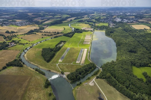 Aerial view, a week ago the Ruhr was still flooded here, course of the Ruhr, Hengsen, Holzwickede, Ruhr area, North Rhine-Westphalia, Germany, DE, Europe, birds-eyes view, aerial view, aerial photography, aerial photography, overview, bird's eye view