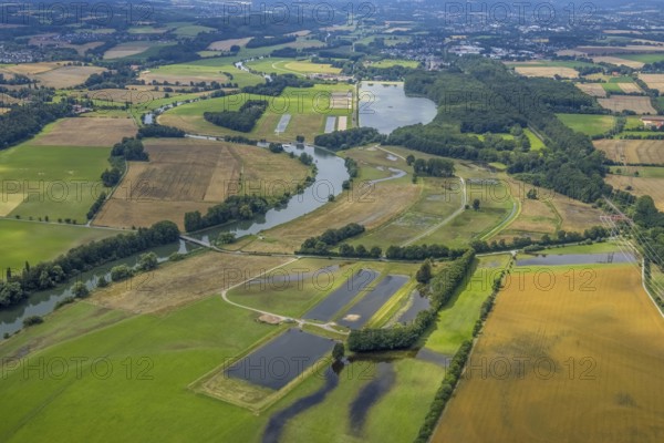 Aerial view, a week ago there was still land under water at this point - the Ruhr was flooding, course of the Ruhr, Altendorf, Fröndenberg/Ruhr, Ruhr area, North Rhine-Westphalia, Germany, DE, Europe, birds-eyes view, aerial view, aerial photography, aerial photography, overview, bird's eye view