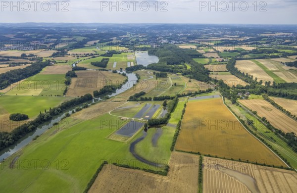 Aerial view, a week ago there was still land under water at this point - the Ruhr was flooding, course of the Ruhr, Altendorf, Fröndenberg/Ruhr, Ruhr area, North Rhine-Westphalia, Germany, DE, Europe, birds-eyes view, aerial view, aerial photography, aerial photography, overview, bird's eye view