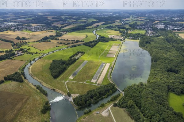 Aerial view, a week ago the Ruhr was still flooded here, course of the Ruhr, Hengsen, Holzwickede, Ruhr area, North Rhine-Westphalia, Germany, DE, Europe, birds-eyes view, aerial view, aerial photography, aerial photography, overview, bird's eye view