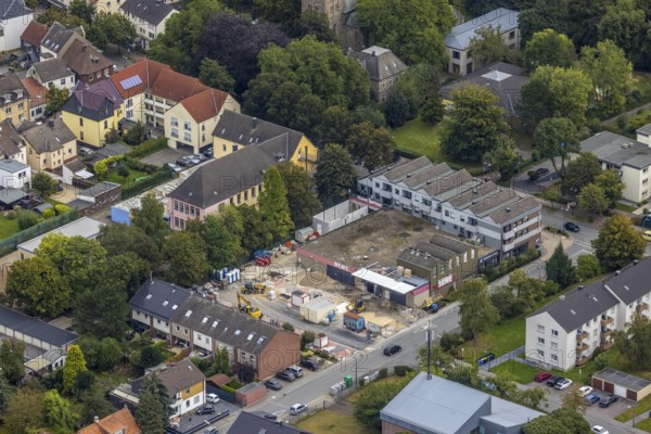 Aerial view, construction site at the Rewe Böning supermarket on Hauptstraße in the Freiberg district of Holzwickede, Ruhr area, North Rhine-Westphalia, Germany, construction work, construction area, building site, building plots, construction project, construction site, DE, Europe, Holzwickede, aerial photograph, aerial photography, aerial photography, overview, bird's-eye view, overview