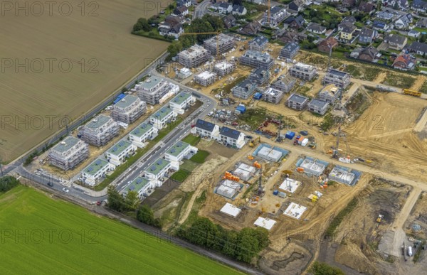 Aerial view, construction site and new building, Emscherquelle residential park on the site of the former Hellweg barracks in the Hohenleuchte district of Holzwickede, Ruhr area, North Rhine-Westphalia, Germany, construction work, construction, construction area, building site, building plots, construction project, construction site, DE, Europe, property tax, Holzwickede, real estate, aerial view, aerial photography, aerial photography, new building, overview, bird's-eye view, housing estate, housing and living, residential area, residential buildings, residential quality, residential neighbourhood, housing estate, birds-eyes view, overview