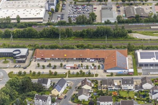 Aerial view, local shopping centre, Freiberg, Holzwickede, Ruhr area, North Rhine-Westphalia, Germany, DE, shopping markets, shopping place, shopping centre, Europe, aerial view, aerial photography, aerial photography, supermarket, overview, bird's eye view, birds-eyes view, overview