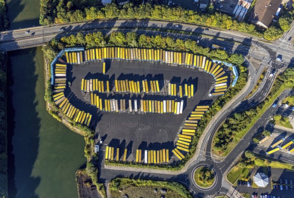 Aerial view, Container Terminal Herne at the Rhine-Herne Canal in the district Unser Fritz in Herne, Ruhr area, North Rhine-Westphalia, Germany, 2222, container, DE, Europe, shapes and colours, commercial enterprises, commercial area, commercial site, commercial use, Herne, industrial area, industrial site, roundabout, roundabout, aerial view, aerial photography, aerial photography, overview, bird's-eye view, overview