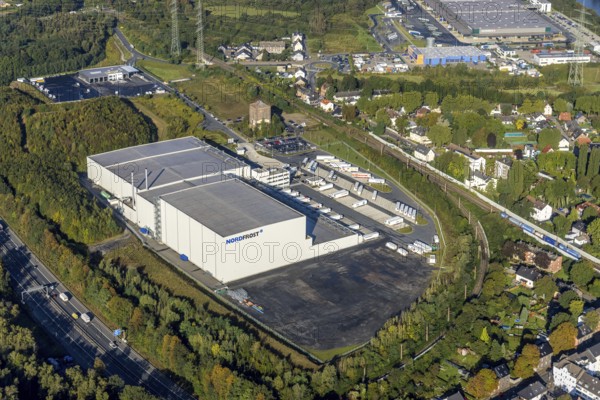 Aerial view, Nordfrost logistics centre in the district Unser Fritz in Herne, Ruhr area, North Rhine-Westphalia, Germany, DE, Europe, commercial enterprises, commercial area, commercial area, commercial location, commercial use, Herne, industrial area, industrial location, aerial view, aerial photography, aerial photography, overview, bird's eye view, birds-eyes view, former colliery Unser Fritz, overview