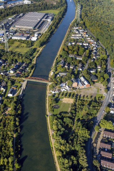 Aerial view, Steinmeister's beer garden - Oskar am Kanal in the district Unser Fritz in Herne, Ruhr area, North Rhine-Westphalia, Germany, beer garden, DE, Europe, inn, gastronomy, Herne, aerial view, aerial photography, aerial photography, restaurant, Rhine-Herne-Canal, overview, bird's-eye view, overview