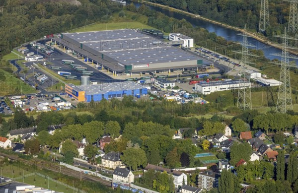 Aerial view, Duvenbeck Kraftverkehr logistics company in the district of Unser Fritz in Herne, Ruhr area, North Rhine-Westphalia, Germany, DE, Europe, freight transport, Herne, logistics, logistics service, logistics service provider, logistics provider, aerial view, aerial photography, aerial photography, Rhine-Ruhr metropolitan region, Rhine-Herne Canal, Schlossstrasse, freight forwarding, transport, transport service, overview, bird's-eye view, bird's-eye view, overview