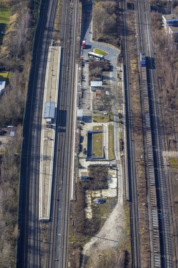 Aerial view, station Holzwickede, station Holzwickede is a transit station in the city of Holzwickede, platforms, S-Bahn station Holzwickede, Freiberg, Holzwickede, Ruhr area, North Rhine-Westphalia, Germany, DE, Europe, birds-eyes view, aerial view, aerial photography, aerial photography, overview, bird's eye view