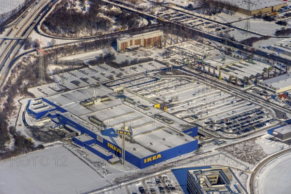 Aerial view, Kamen-Karree, IKEA furniture store Kamen, Mercure Hotel, Kamen, Ruhr area, North Rhine-Westphalia, Germany, DE, Europe, gastronomy, commercial enterprises, commercial area, commercial park, commercial location, commercial use, hotel, hotel facilities, hotel industry, industrial area, industrial location, aerial view, aerial photography, aerial photography, furniture store, snow, overview, bird's-eye view, winter, birds-eyes view, overview
