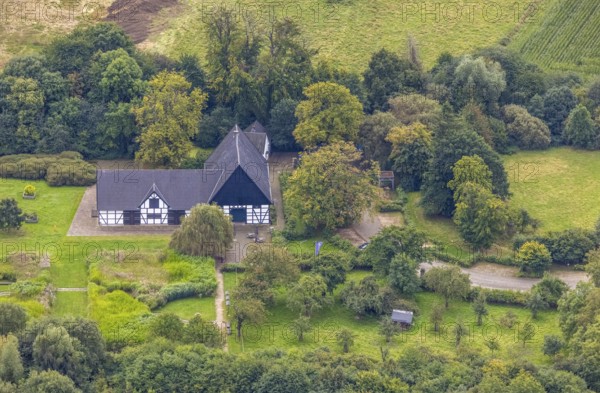 Aerial view, half-timbered house Emscherquellhof with café in the district Hohenleuchte in Holzwickede, Ruhr area, North Rhine-Westphalia, Germany, cafe, DE, Europe, half-timbered house, gastronomy, Hixterwald, Holzwickede, aerial view, aerial photography, aerial photography, sight, overview, bird's-eye view, overview