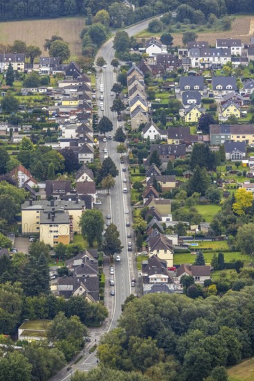 Aerial view, main street in the district Freiberg in Holzwickede, Ruhr area, North Rhine-Westphalia, Germany, DE, Europe, Holzwickede, aerial view, aerial photography, aerial photography, overview, bird's eye view, birds-eyes view, overview