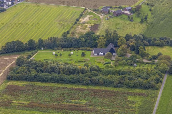 Aerial view, half-timbered house Emscherquellhof with café in the district Hohenleuchte in Holzwickede, Ruhr area, North Rhine-Westphalia, Germany, cafe, DE, Europe, half-timbered house, gastronomy, Hixterwald, Holzwickede, aerial view, aerial photography, aerial photography, sight, overview, bird's-eye view, overview